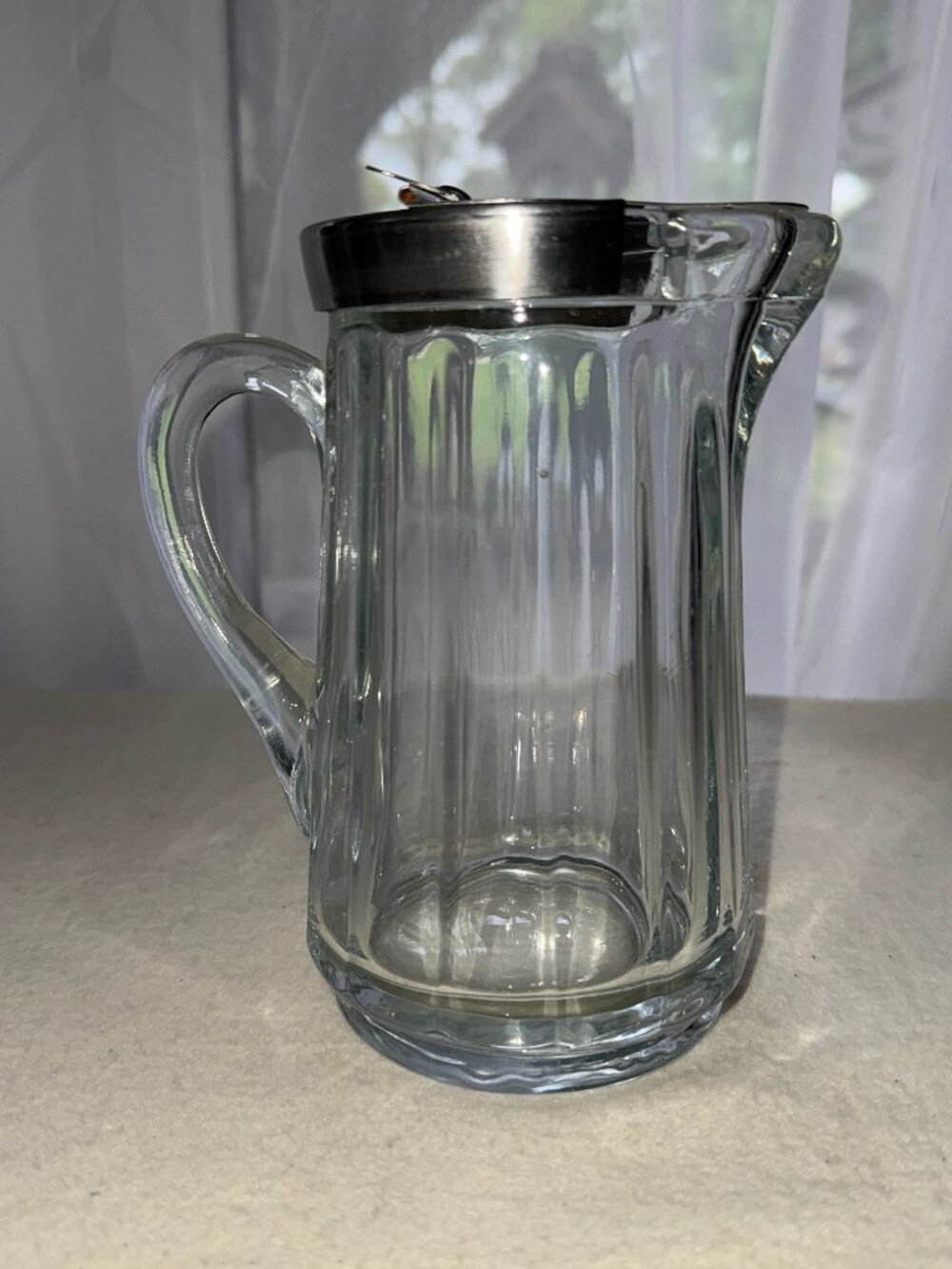 Vintage Heisey? Clear Glass McGrady Syrup Pitcher 6.5" Metal Lid Paneled Sides